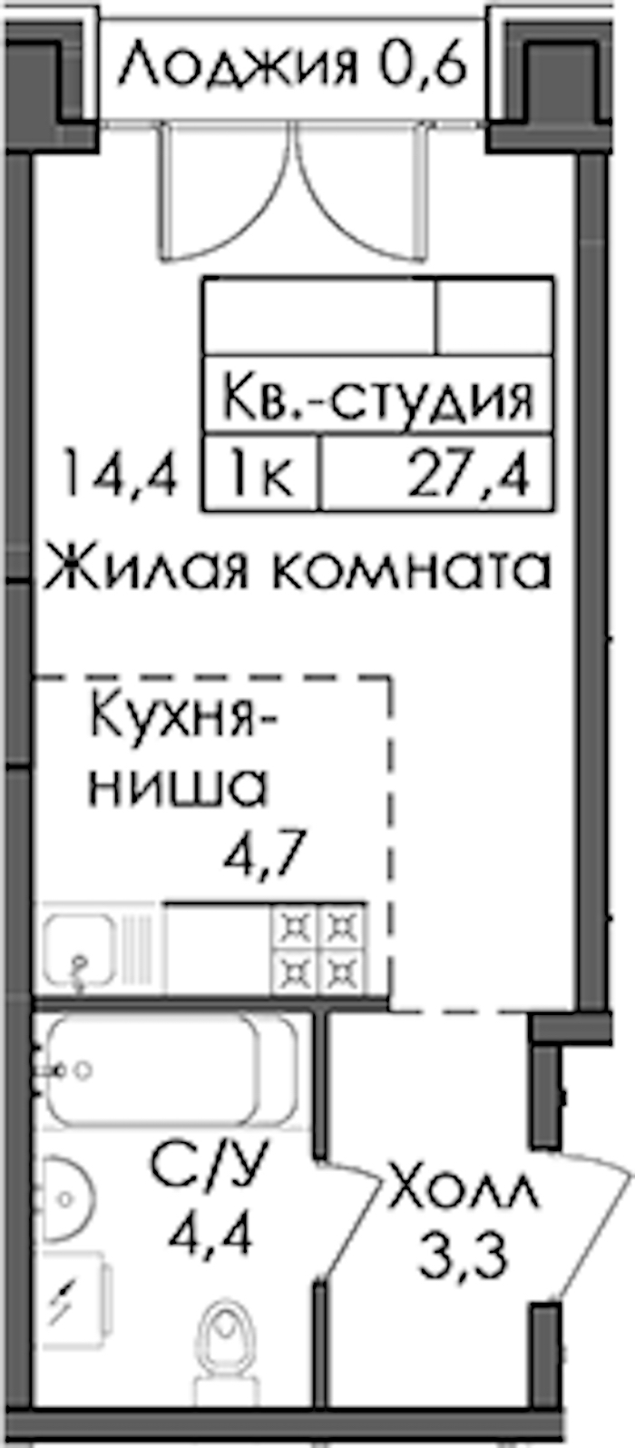 Квартира студия 27.4 м², 8/9 эт., ЖК «Лермонтовский 54»